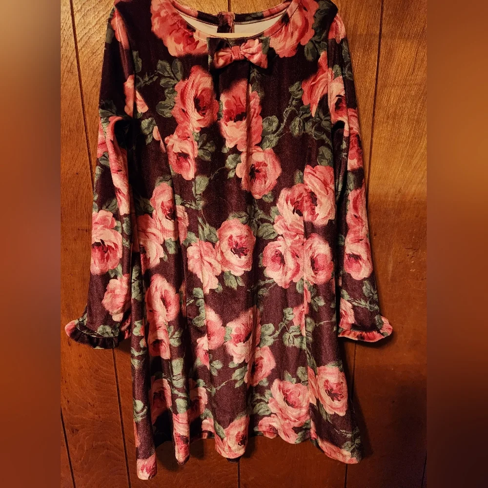 Gymboree Floral Dress - Pink & Green on Deep Burgundy Background, Size 7, NWOT